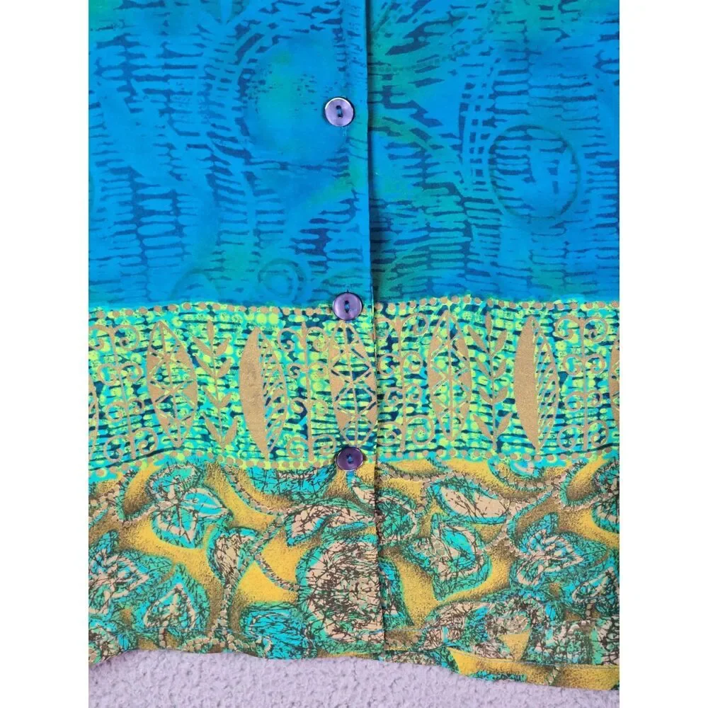 IN Studio Blouse Teal XL Vintage 90s Border Print Boho Side Slits